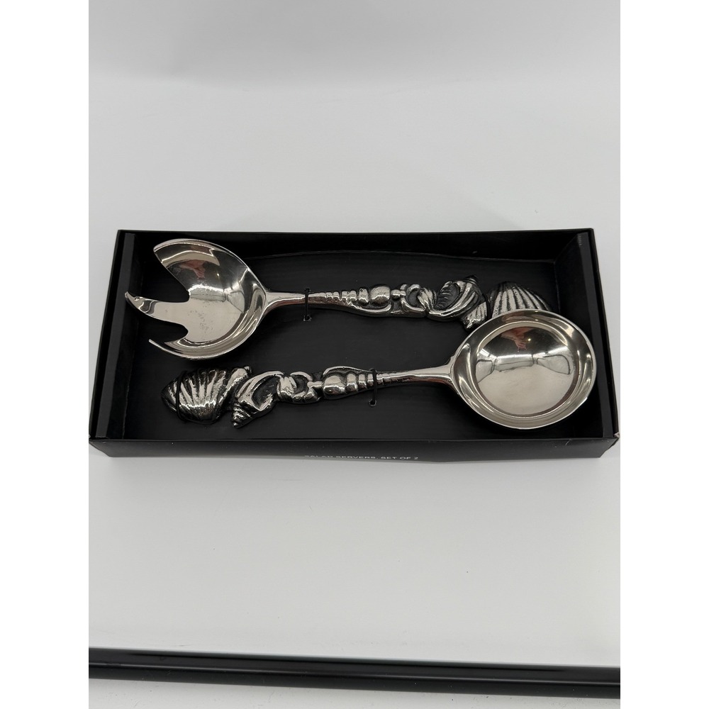 Seashell Salad Servers Set of 2 Silver Tone Nautical Coastal Serving Utensils